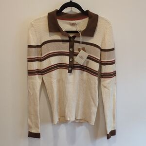 Faherty Retro Cotton Cashmere Henley Polo Sweater Cream Brown Stripes Large NWT